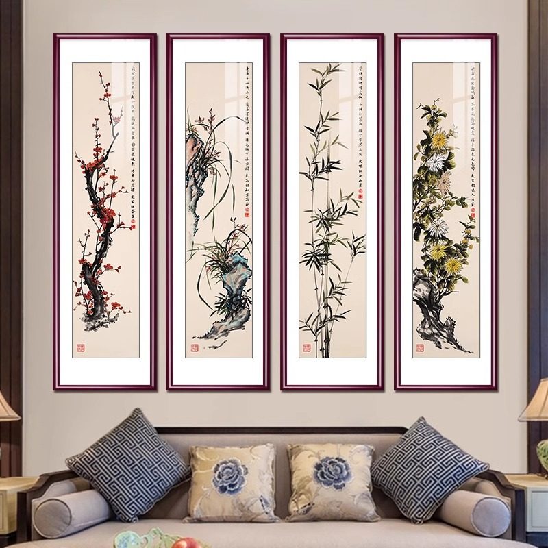 梅兰竹菊新中式四联壁画花鸟挂画