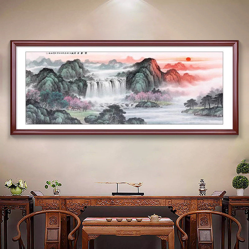 聚宝盆山水画客厅挂画靠山图新中式沙发背景墙装饰画西墙聚财壁画