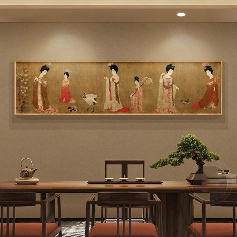 簪花仕女图唐代横幅仿古国画新中式茶室挂画客厅卧室背景墙装饰画
