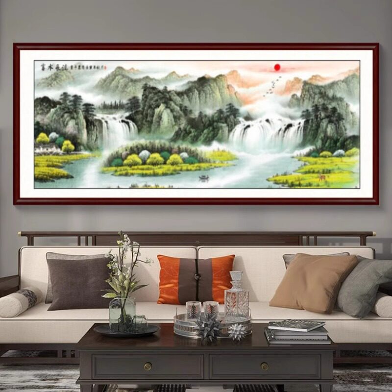 源远流长新中式聚宝盆风景山水画客厅装饰画办公室国画背景墙挂画