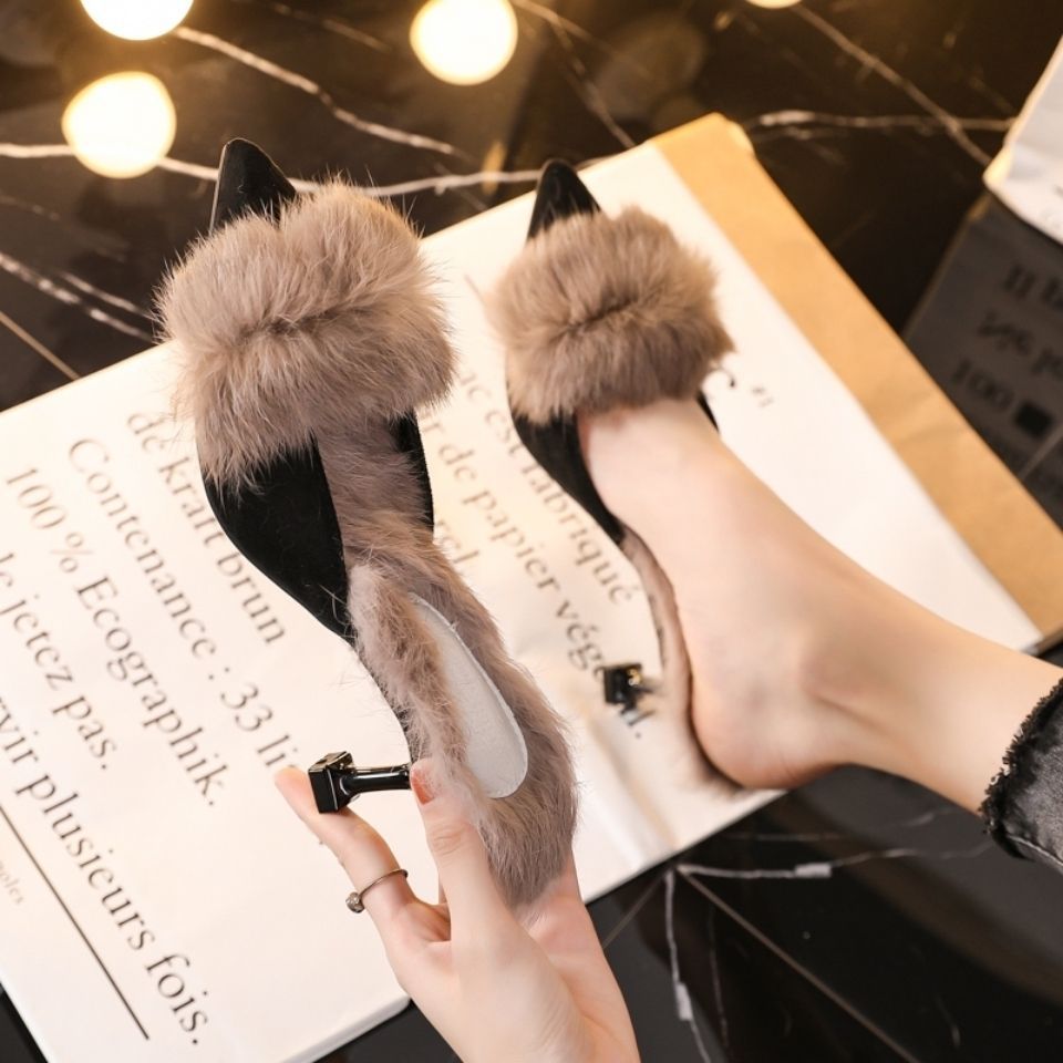 秋冬2025新款尖头毛毛保暖细跟高跟半拖鞋女包头水貂毛穆勒鞋拖鞋