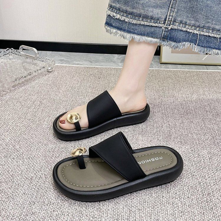 2025新款百搭套趾拖鞋女外穿夏季网红沙滩度假厚底法式一字拖鞋女