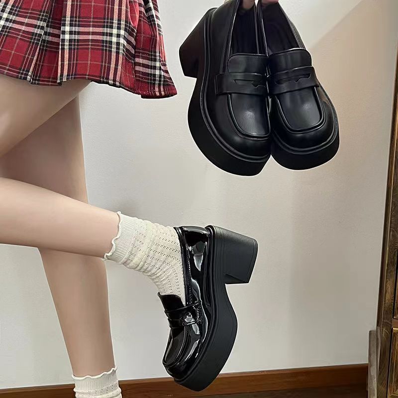 黑色高跟小皮鞋女春秋2025新款百搭日系复古一脚蹬粗跟厚底乐福鞋