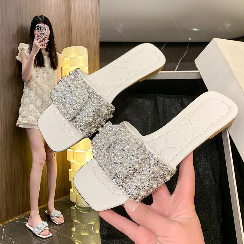 拖鞋女夏季外穿时尚2025新款网红水钻蝴蝶结仙女风平底一字凉拖鞋