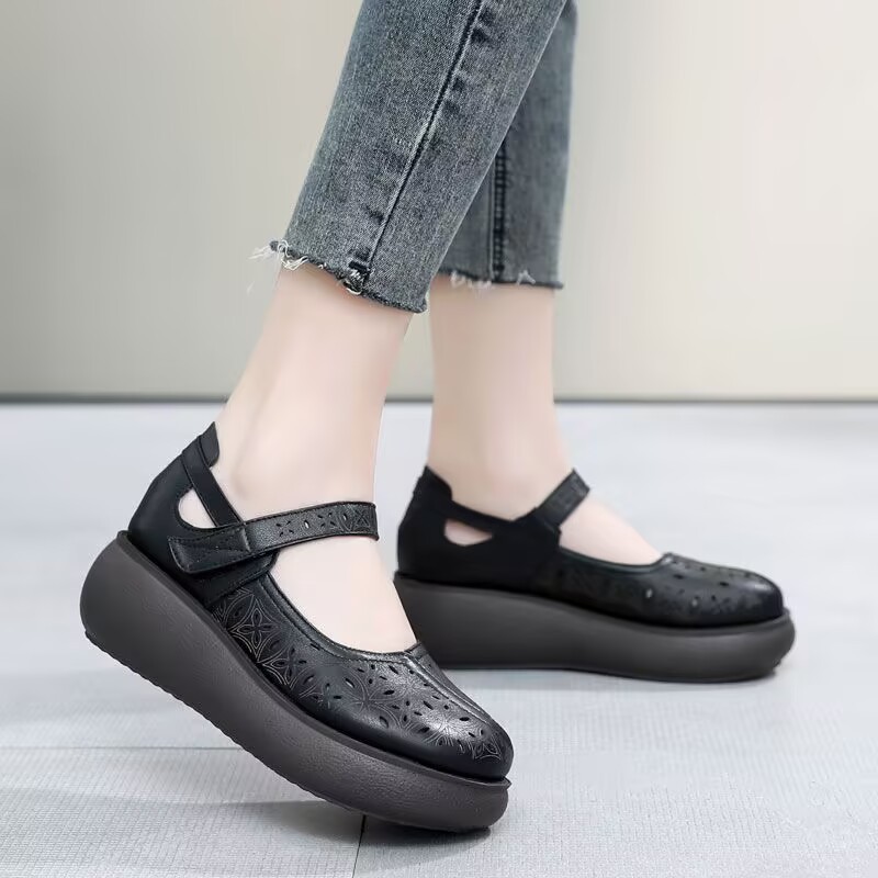 时尚浅口镂空女鞋厚底松糕鞋春夏季新款大码42女士单鞋魔术贴