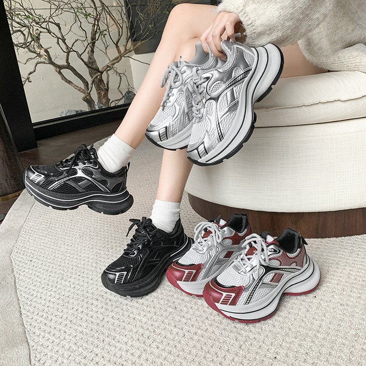 银色厚底老爹鞋女2025春秋季新款增高百搭透气网面休闲运动跑步鞋