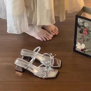 高跟鞋绝美银色粗跟凉拖鞋女夏季外穿配裙子仙女风时尚高级感凉鞋