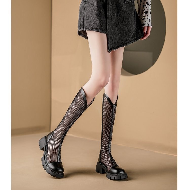 真皮长靴女薄款厚底高筒靴2024夏季网纱透气镂空长筒网靴镂空长靴