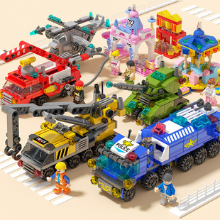 积木拼装小颗粒积木六合一消防车男女孩益智拼装玩具适用于乐高