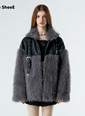 Vone SheeE 美式复古高级感环保仿皮草拼接pu皮皮衣外套2025秋冬