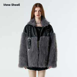 复古高级感环保仿皮草拼接pu皮皮衣外套2025秋冬 美式 Vone SheeE