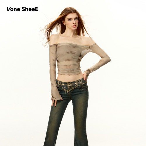 长袖网纱蝴蝶结抹胸上衣