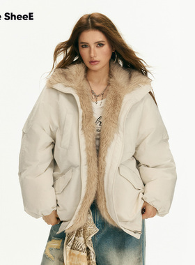 Vone SheeE美式辣妹环保皮草拼接花苞毛领羽绒派克服下摆抽褶设计