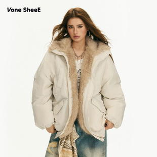 Vone 辣妹环保皮草拼接花苞毛领羽绒派克服下摆抽褶设计 SheeE美式