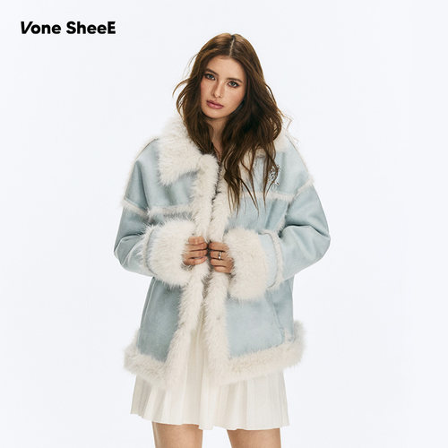 Vone SheeE美式辣妹高级温柔蓝色拼色外套女皮毛一体2025秋冬新款