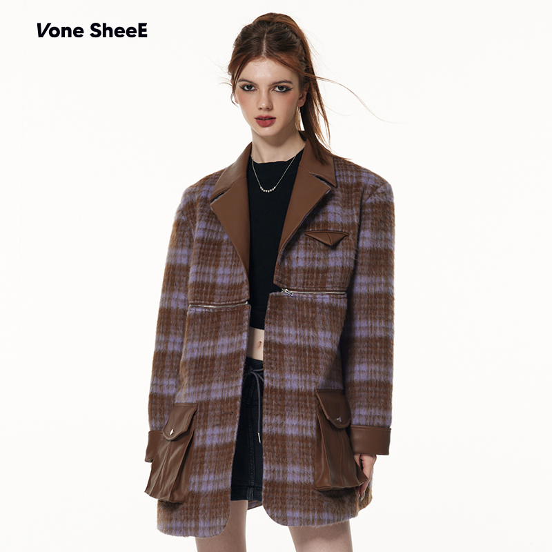 VoneSheeE短款长毛呢拼接外套