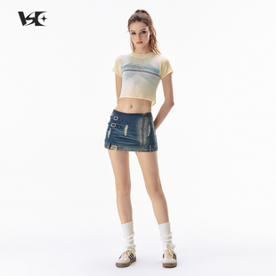 短袖 甜酷辣妹设计感小众渐变撞色露背绑带短款 t恤女 SheeE Vone