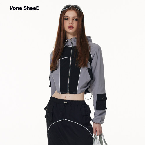 Vone sheeE早秋美式复古辣妹小香风高级抽绳休闲运动工装套装裙女