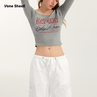 Vone SheeE 美式复古斜肩辣妹上衣不对称短款t恤长袖衣服女早秋