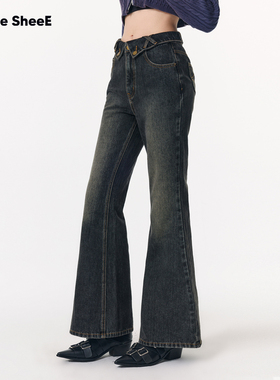 Vone SheeE辣妹棕黑水洗修身拖地裤复古低腰微喇牛仔裤女早秋薄款