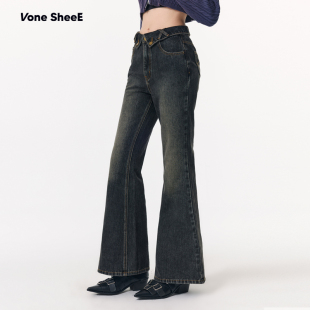 女早秋薄款 Vone 复古低腰微喇牛仔裤 拖地裤 SheeE辣妹棕黑水洗修身