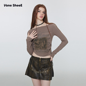 打底衫 Vone 新款 棕色内搭辣妹短上衣印花修身 SheeE t恤女早秋季