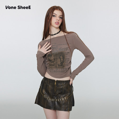 修身短款长袖印花T恤女