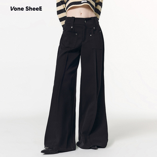 Vone 女 SheeE早秋冬设计感小众垂感休闲直筒宽松阔腿拖地黑色西裤