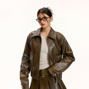 复古棕色皮衣外套百褶皮裙半身裙女辣妹早秋新款 美式 SheeE Vone
