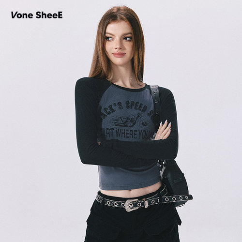 Vone SheeE 美式复古拼色插肩长袖t恤女2026早秋衣服修身辣妹上衣