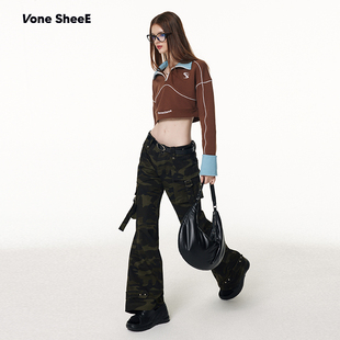 Vone sheeE美式复古辣妹街头露腰运动风翻领短款卫衣女早秋上衣女