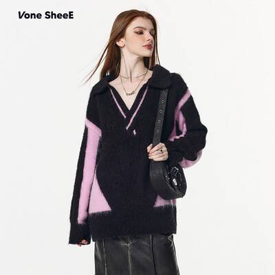 Vone SheeE 拉毛工艺慵懒风加厚拼接黑粉撞色V领polo毛衣女早秋冬