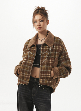 Vone SheeE 美式复古休闲宽松上衣加绒格纹短款毛呢外套女早秋冬