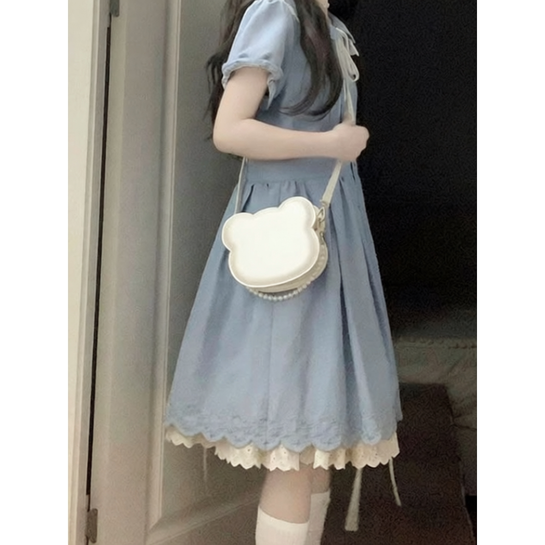 韩版学院风甜美收腰显瘦泡泡袖连