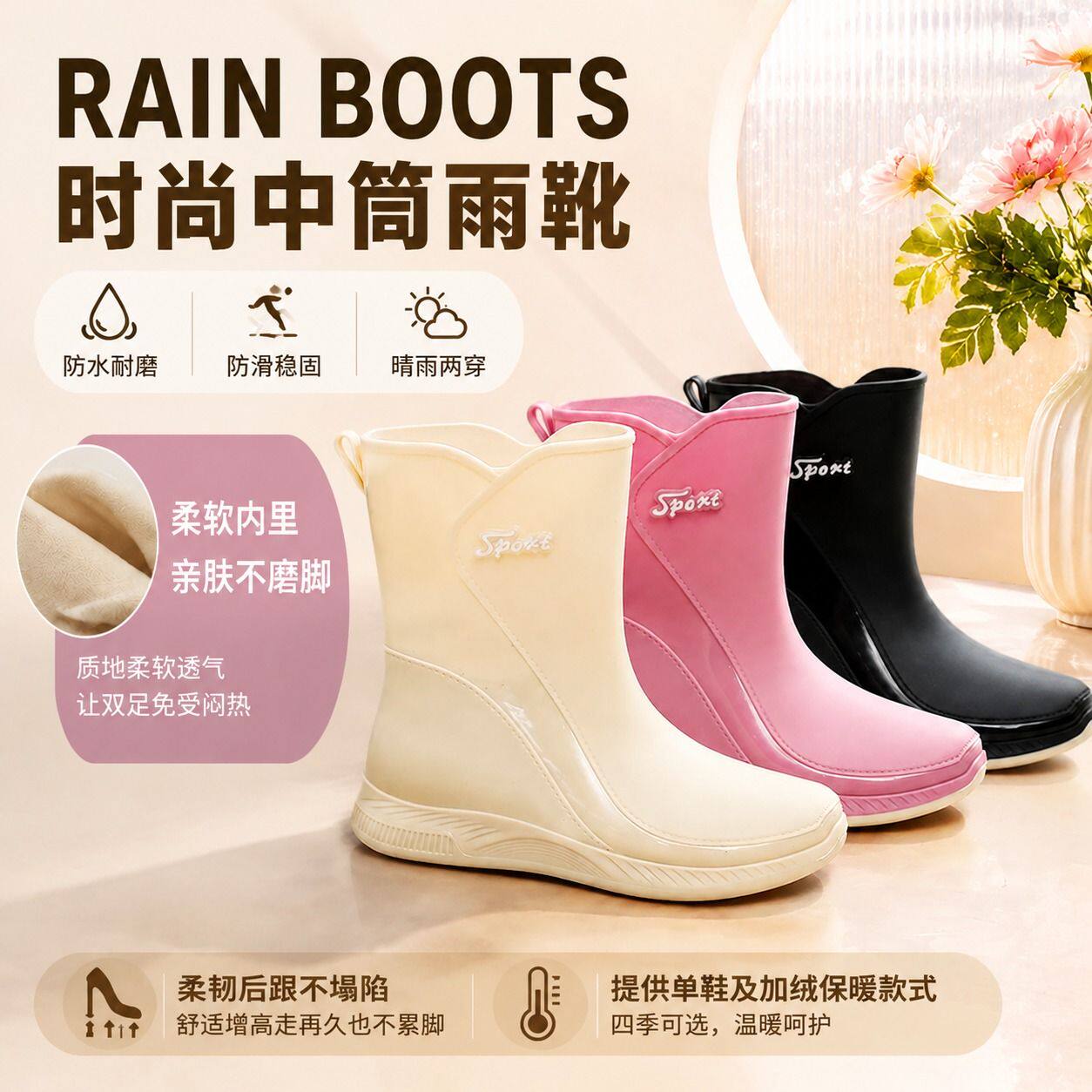 新款中筒雨鞋女防水耐磨