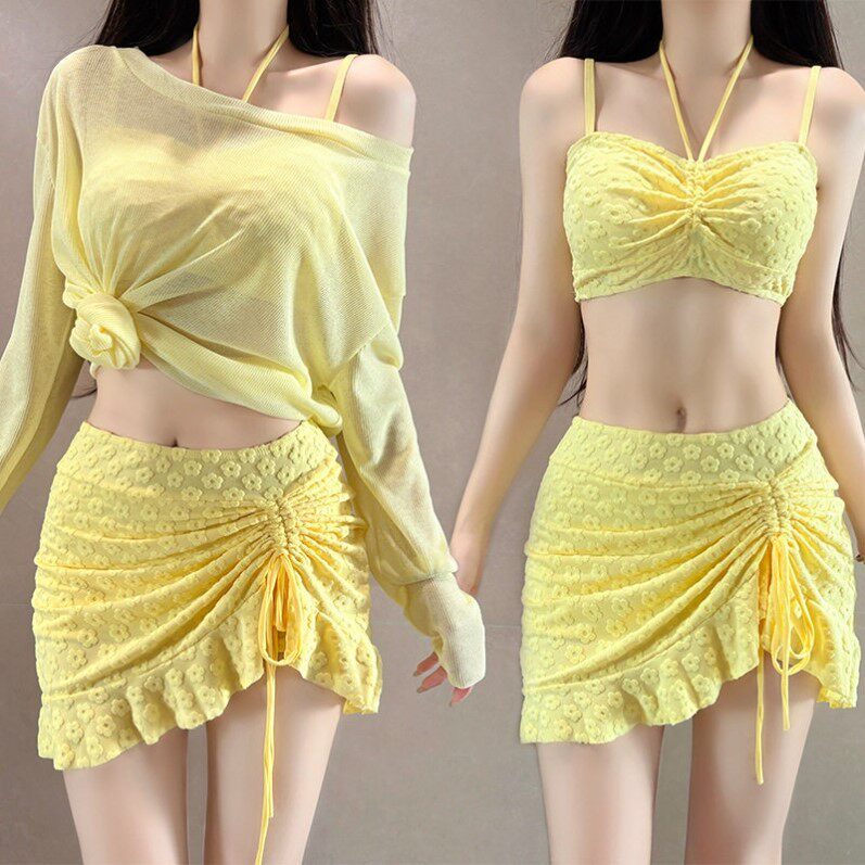 奶黄色大码泳衣女胖mm遮肉比基尼三件套高级感海边度假风2026新款