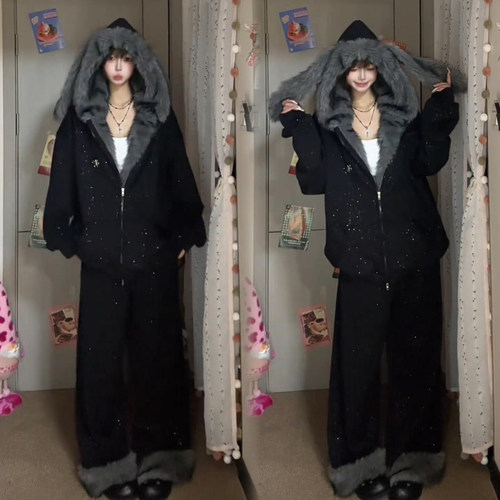 满天星毛绒兔耳套装女装冬季