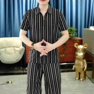 男翻领条纹 勇者潮流轻奢 5凉感欧货冰k丝套装 短袖 T恤夏季