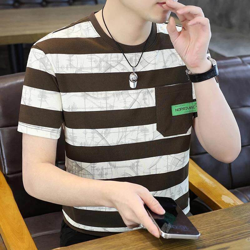安诺然精选2夏天条纹短袖T恤男士新款潮流休闲百搭青年短袖打底衫