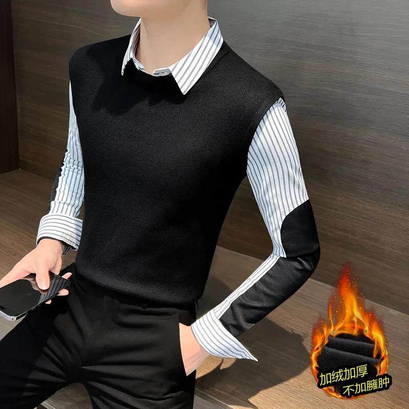 路西边威男装加绒假两件长袖衬衫男款爆款休闲男装冬季保暖男士打