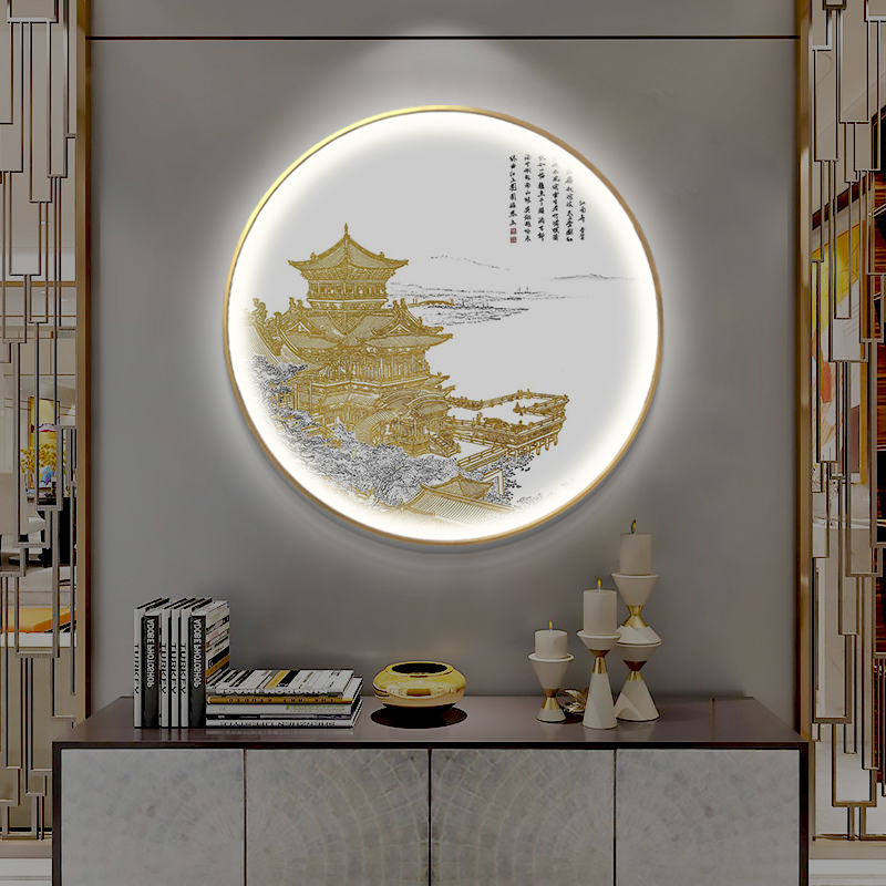 装饰画肌理挂画新中式走廊客厅带灯3D圆形T工玄关立体浮雕壁画手图片