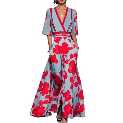 Women's V-neck pleated printed dress 女士V领缩褶款印花连衣裙