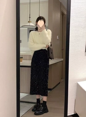 Sequin straight tube slit skirt for women 女士直筒开叉半身裙