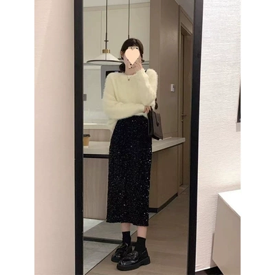 Sequin straight tube slit skirt for women 女士直筒开叉半身裙