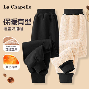 拉夏贝尔儿童加厚绒裤子2026新款女大童黑色一体绒卫裤女童长裤冬