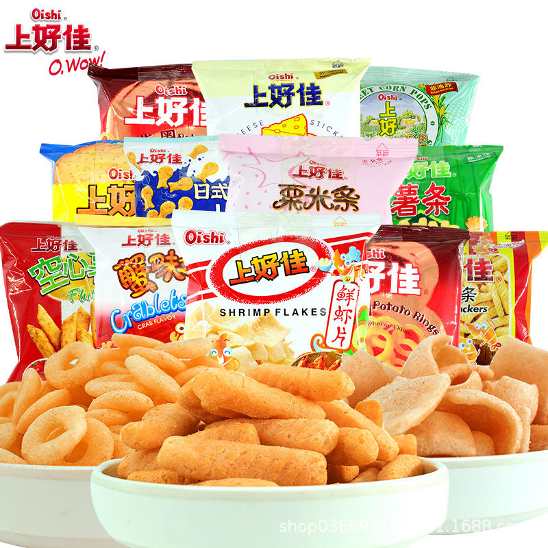 速发现货儿童上好佳薯片鲜鲜虾片虾条整箱休闲 食品散装怀旧零食