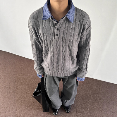 美式复古假两件绞花毛衣男款秋冬慵懒高级感针织衫格雷miu系穿搭