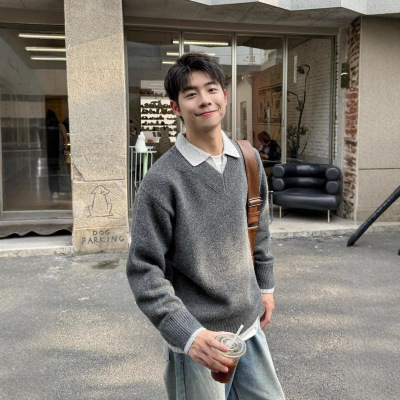 灰色假两件小V领毛衣男款秋冬高级感慵懒针织衫老钱风内搭POLO衫