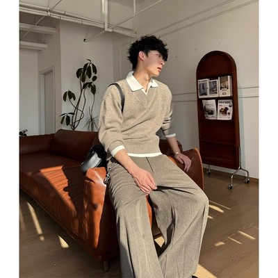 老钱风假两件V领针织衫上衣男秋冬打底内搭慵懒风松弛感套头毛衣