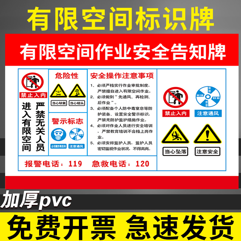 有限空间警示标识牌施工作业安全警示牌有限空间安全告知牌七不准标牌受限空间标志牌工厂密闭空间提示牌定制